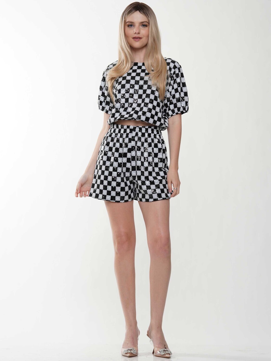 Checkered Black/Wht Sequin Short