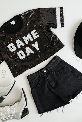 Game Day Black Sequin Cropped Jersey