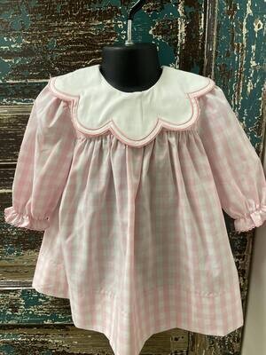 Girls Pink Check L/S Double Collar Float Bishop
