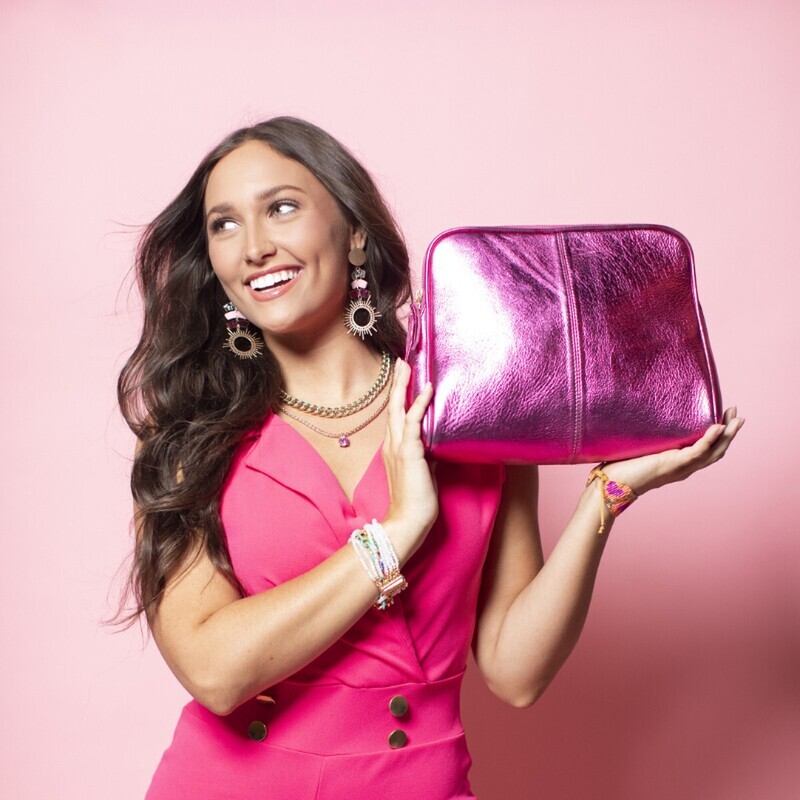 Shimmer Cosmetic Zipper Pouch- Hot Pink Metallic