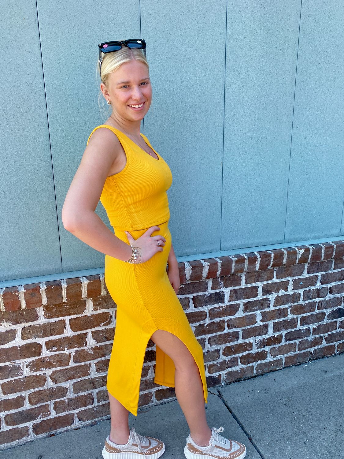 Golden Rod Ribbed Midi Skirt