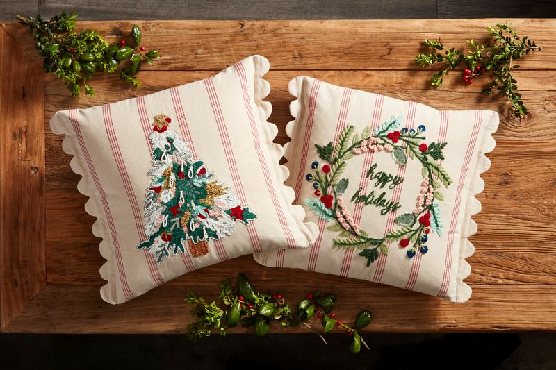 Mud Pie Christmas Stiped Embroidery Pillow