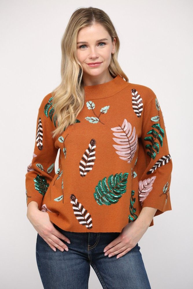 Into Nature Embellished Mock Neck Sweater