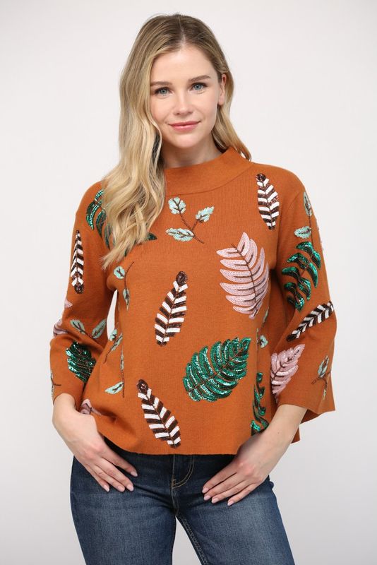 Into Nature Embellished Mock Neck Sweater