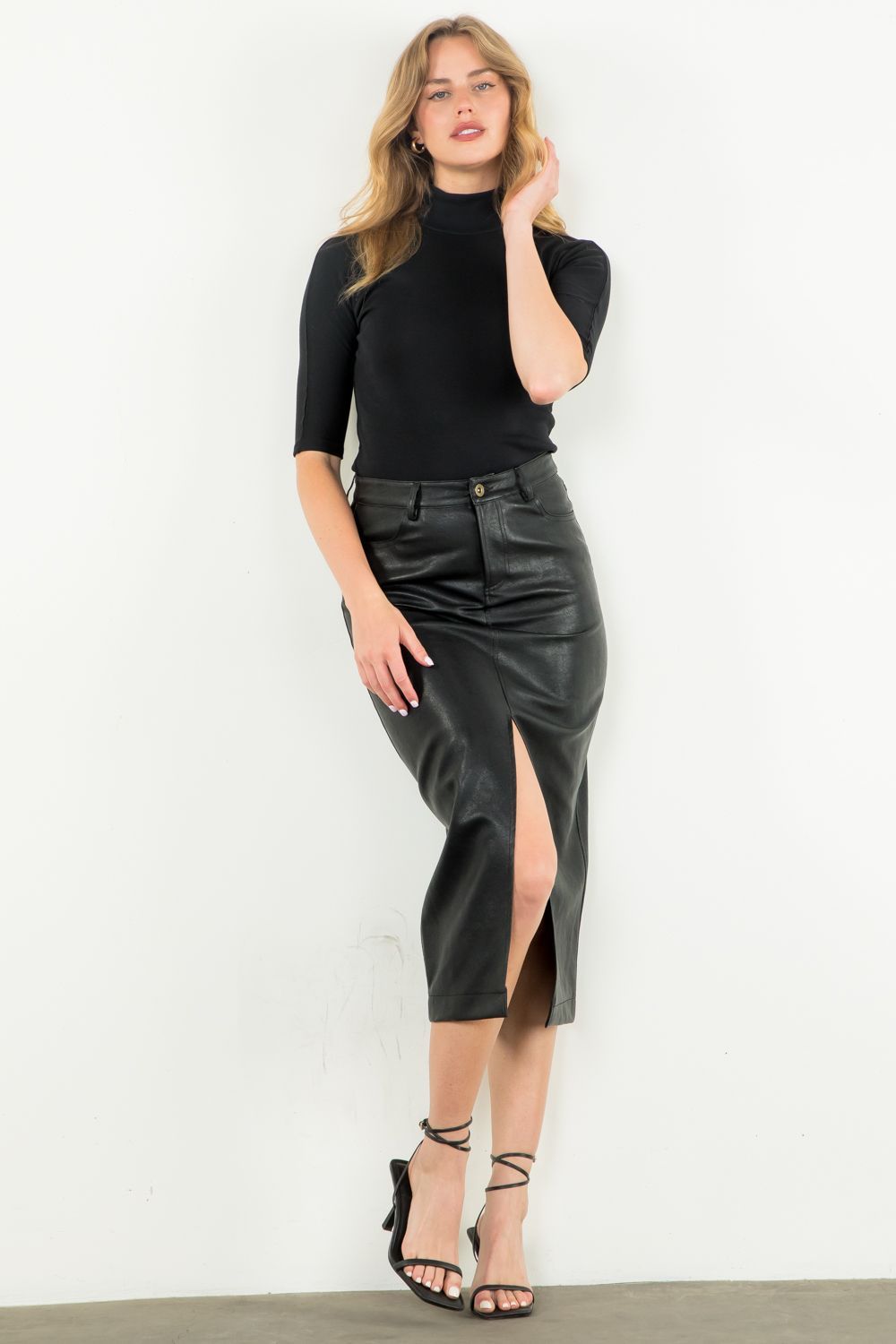 No Expectations Leather Midi Skirt