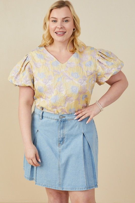 For It All Jacquard Puff Sleeve Top, CURVY