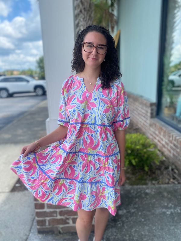 Mary Square Palmer Dress Hibiscus Harmony White