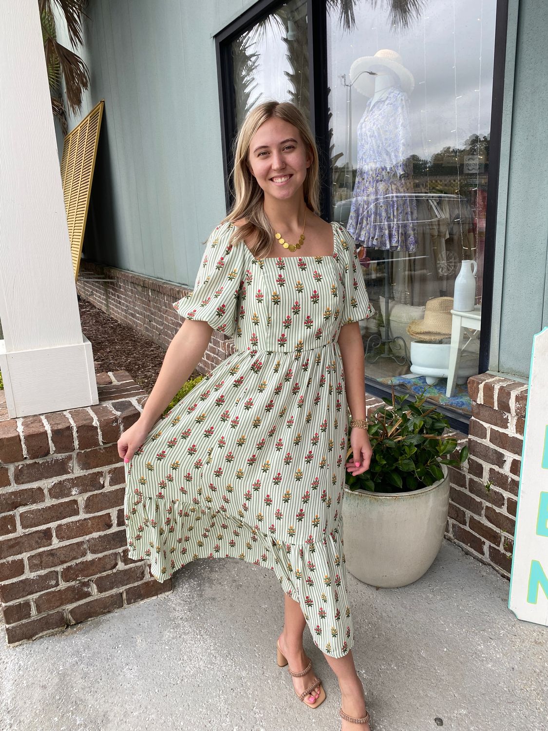Mary Square Alexi Cottage Stripes Green Dress