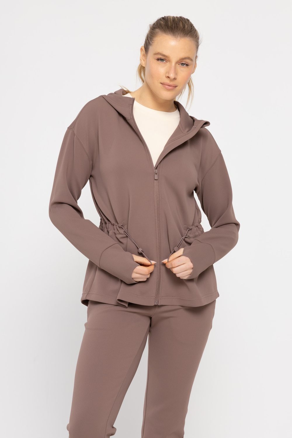 Jacquard Ribbed Hooded Jacket w/ Thumbholes