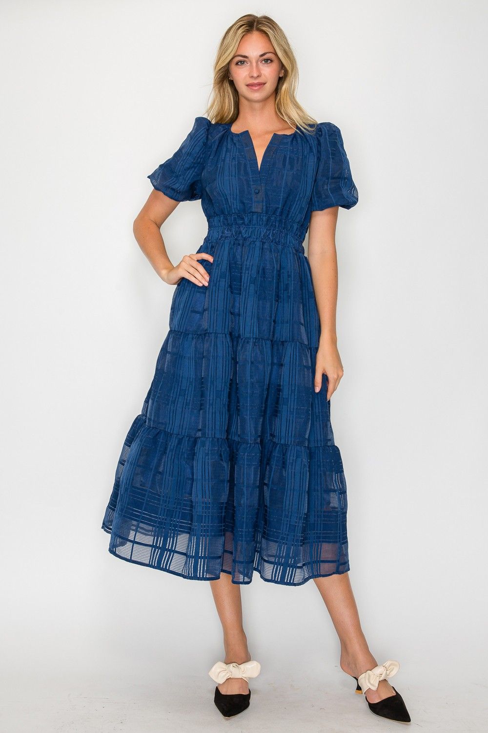 Windowpane Jacquard Puff Sleeve Midi