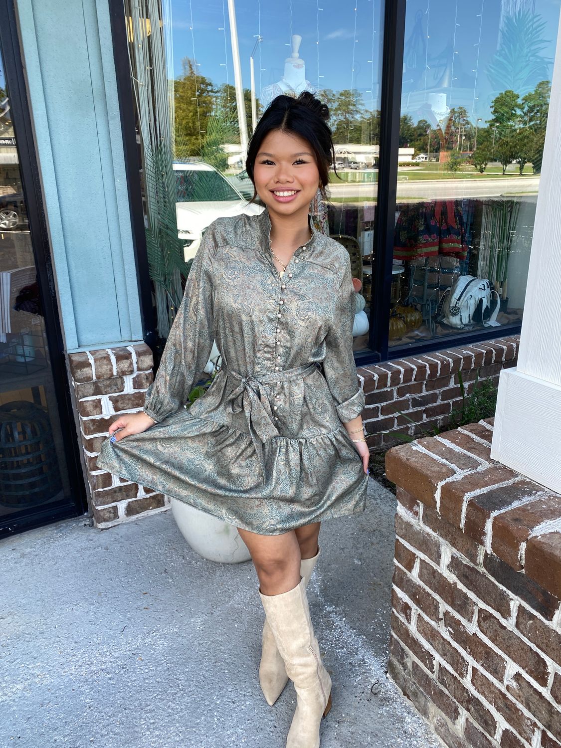 Golden Tapestry Button-Down Dress