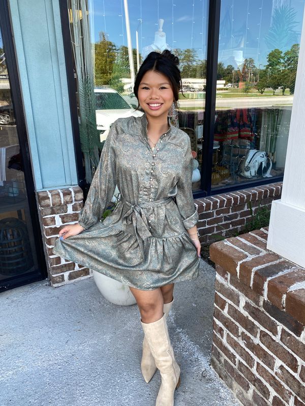 Golden Tapestry Button-Down Dress