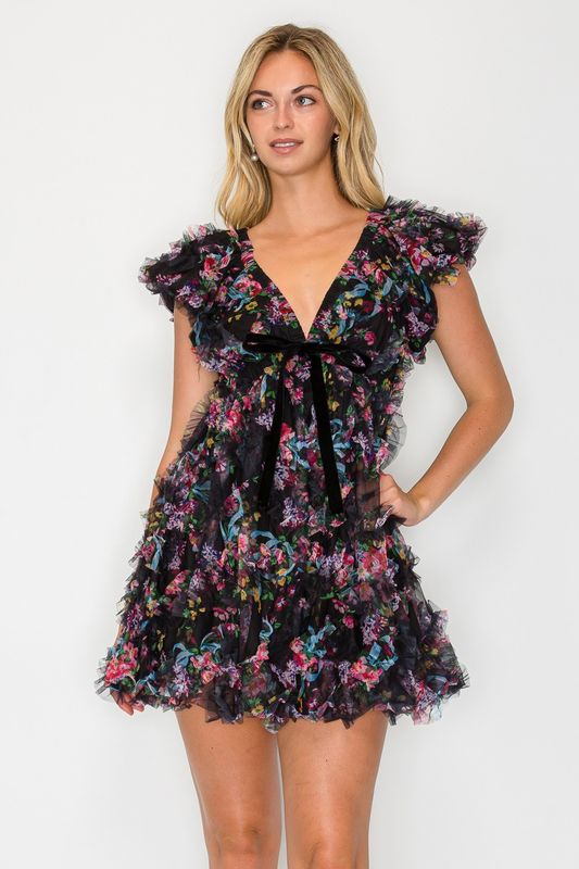 Whisper Bloom Flutter Sleeve Mini Dress