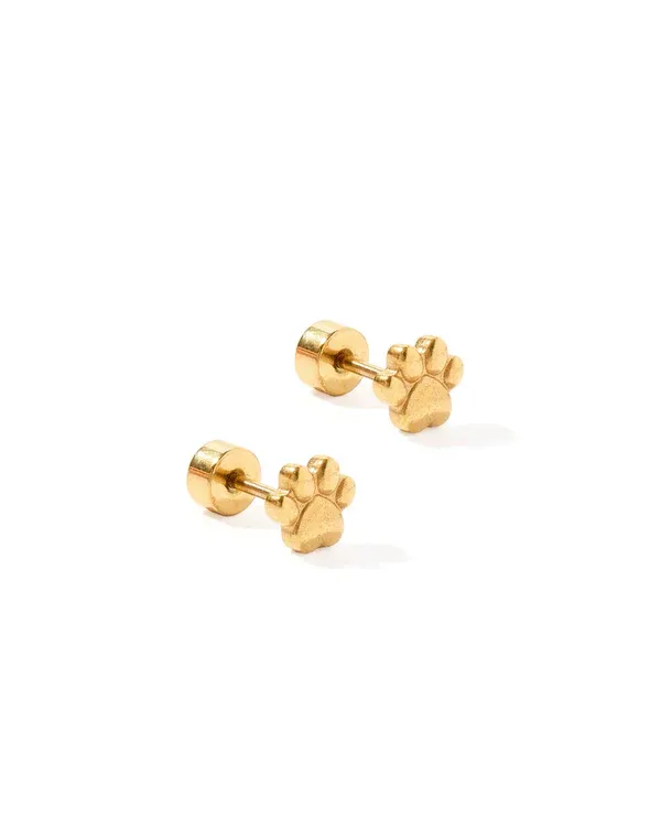 Linny Co Screwback Stud Earrings - Paw Print Gold