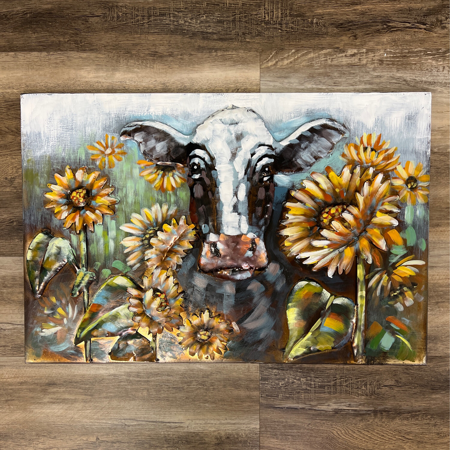 3D Sunflower Cows Metal Decor