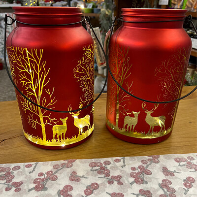 Red Glass Deer LED Jar