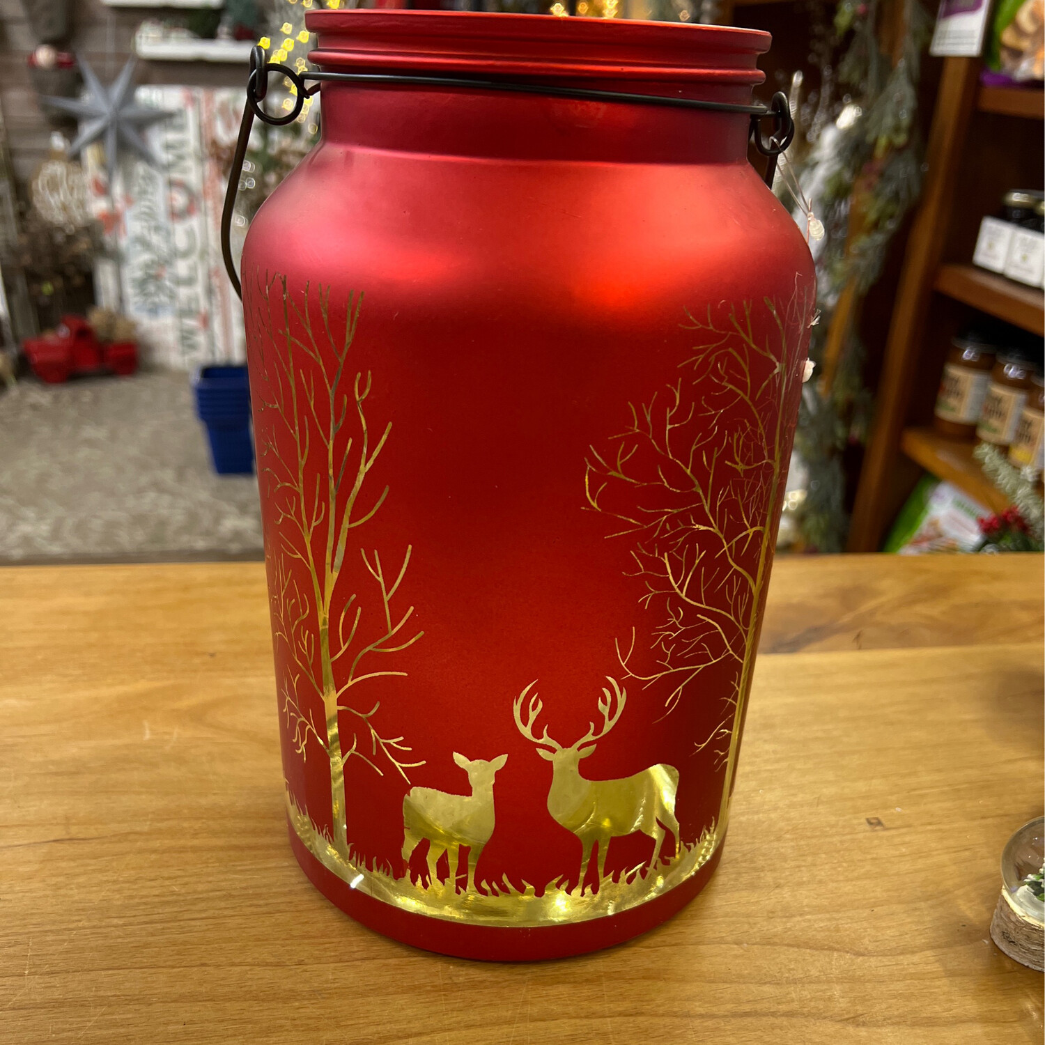 Red Glass Deer LED Jar