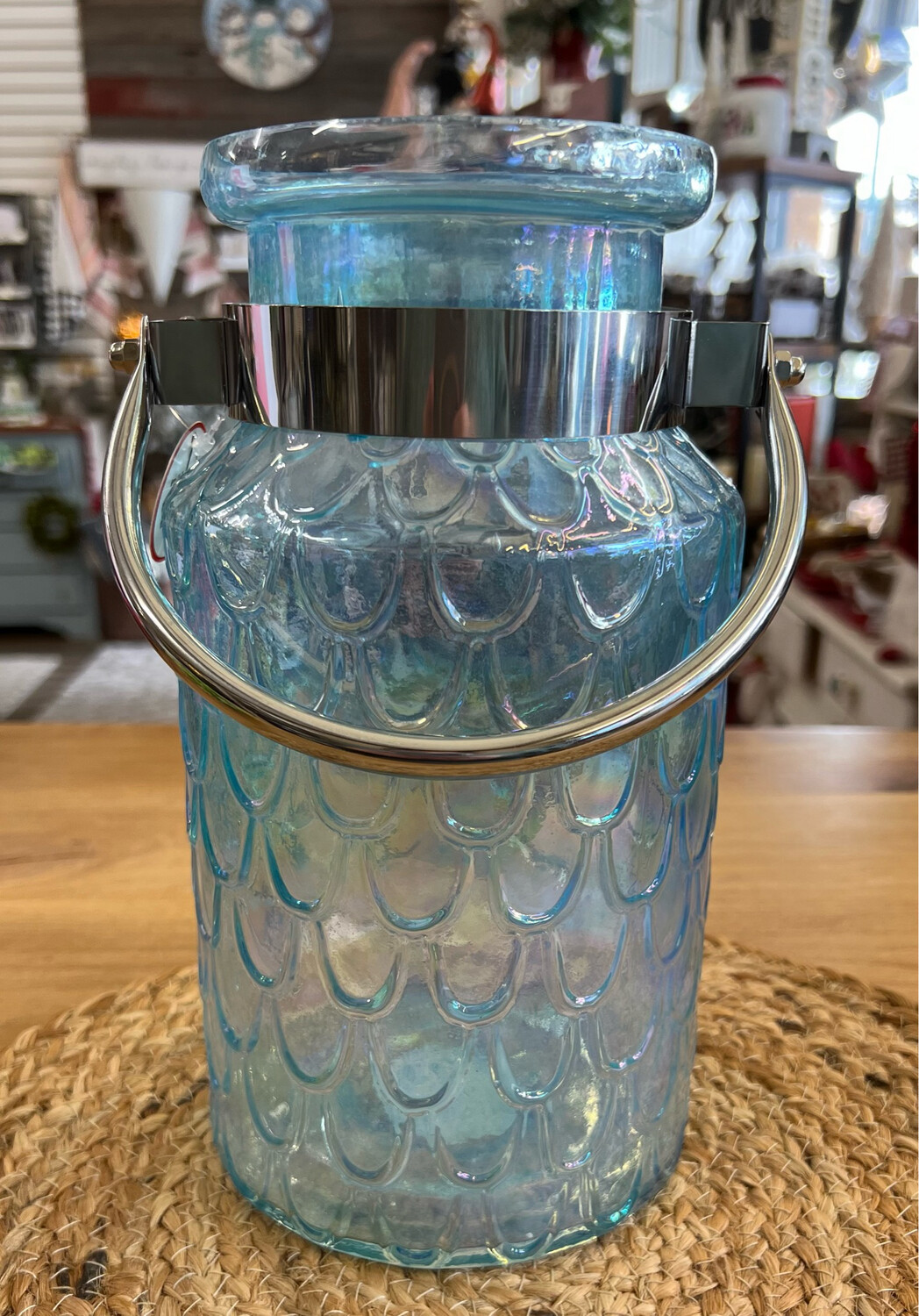 Blue Embossed Glass Lantern