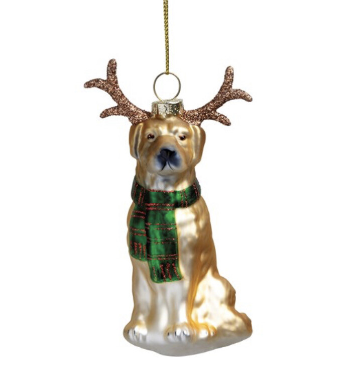 Blow Glass Dog w/Antlers Ornament