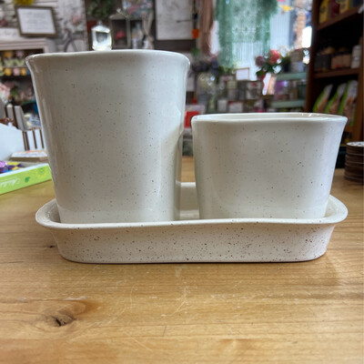 Set of 3: 5-3/4" Stoneware Planters & Base Set of 3: 5-3/4" Stoneware Planters & Base