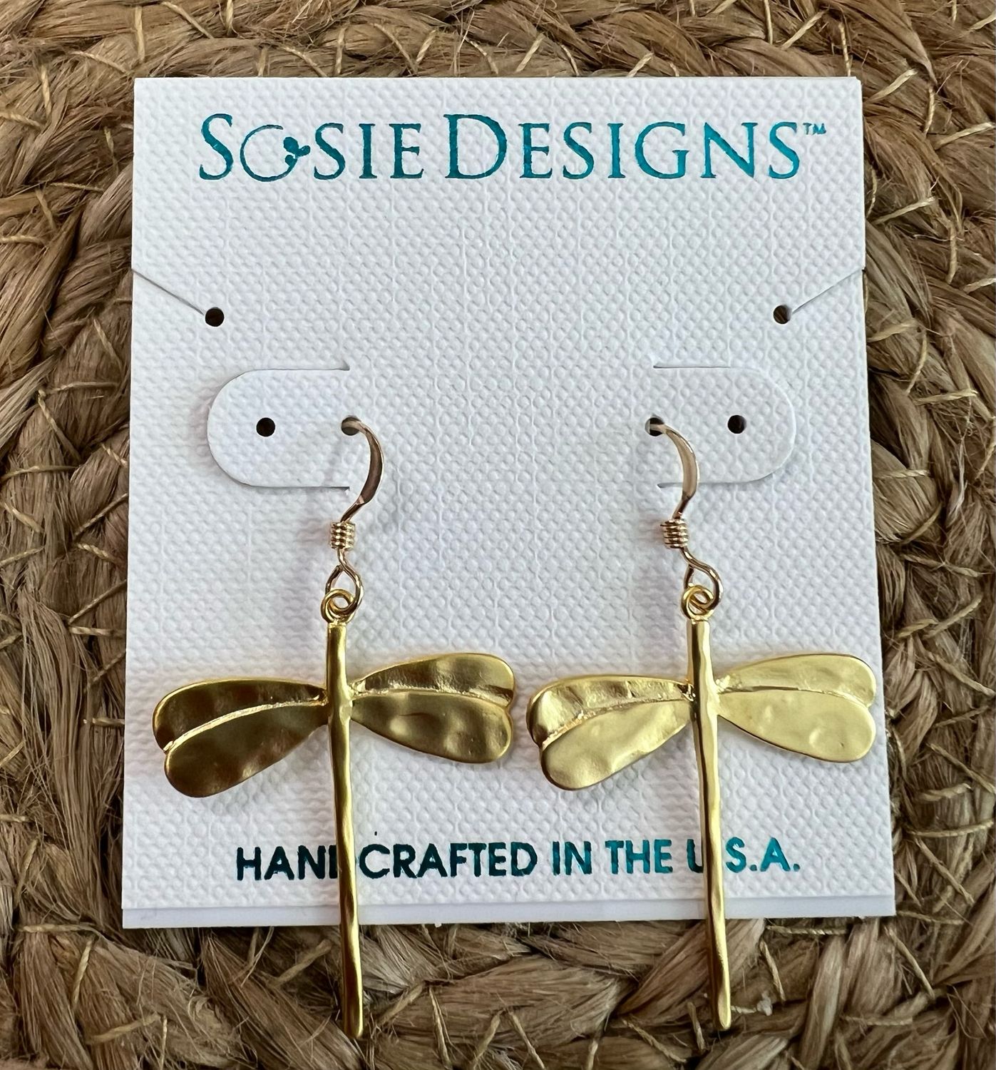 Matte Gold Hammered Dragonfly Earrings