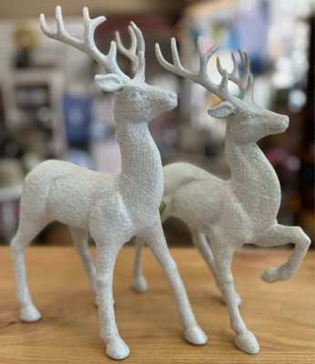 13" White Glittered Deer