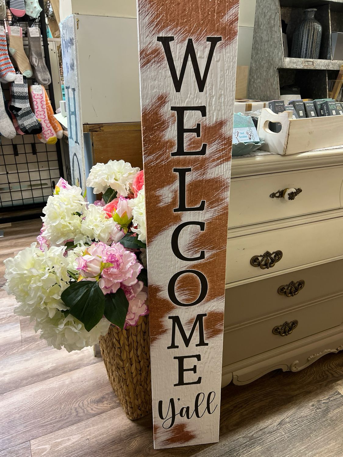 Welcome Y&#39;all Cowhide Porch Board