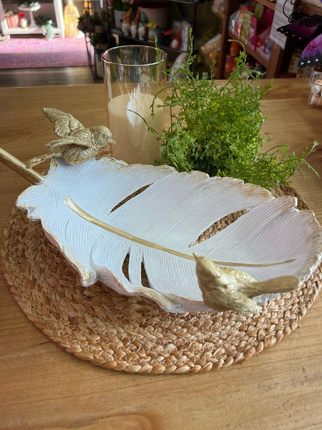 11-3/4&quot; Resin White &amp; Gold Feather Dish w/Birds