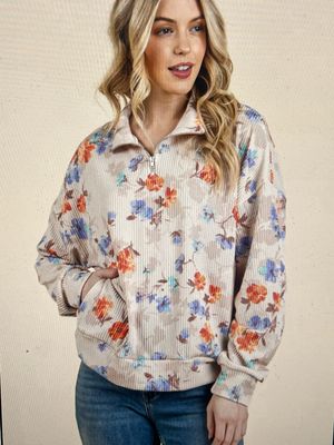 Ribbed 1/4 Zip Floral Top