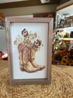 5" x 8" Brown Boots w/Florals Framed Print