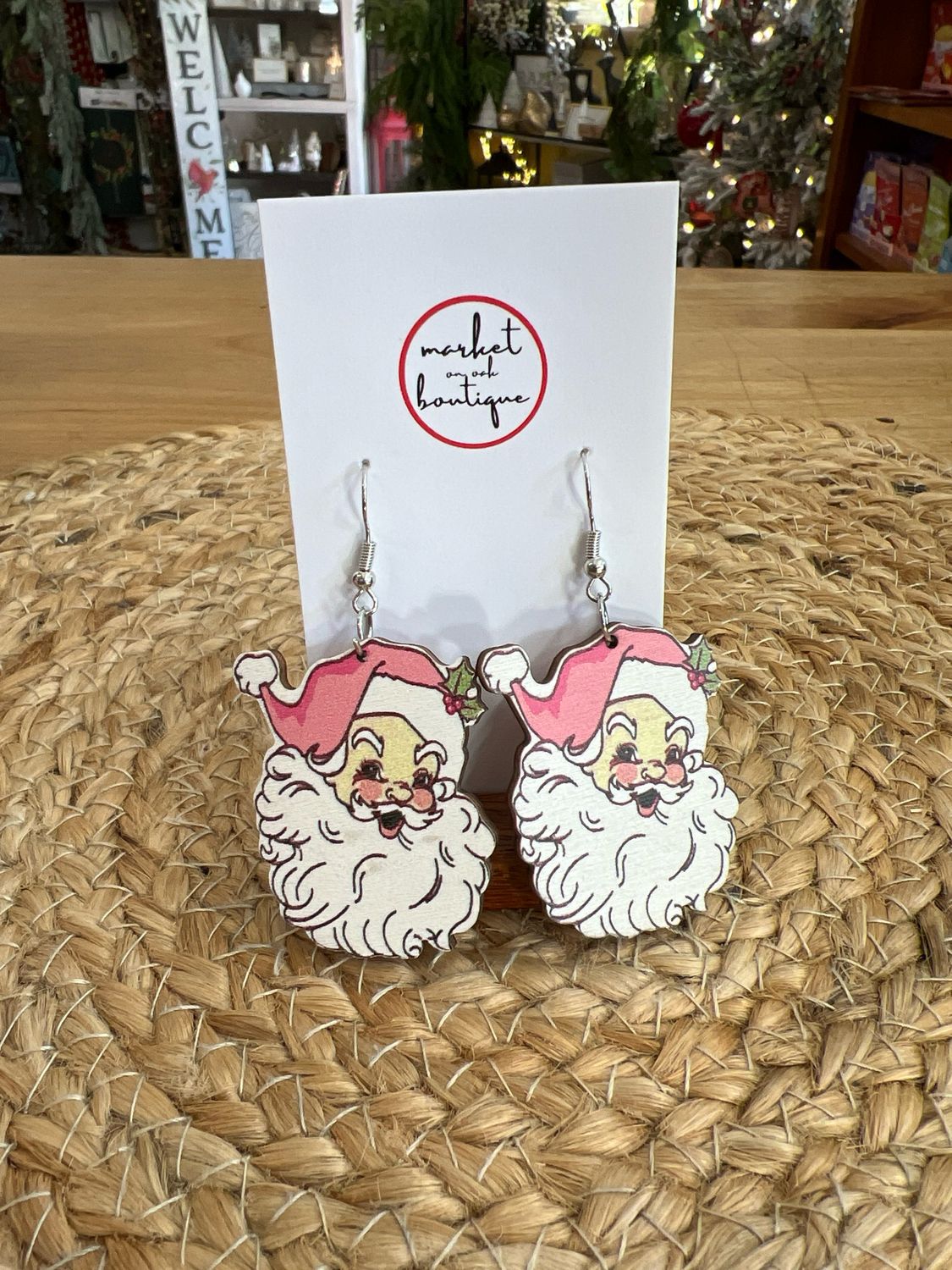 Painted Wood Santa Earrings