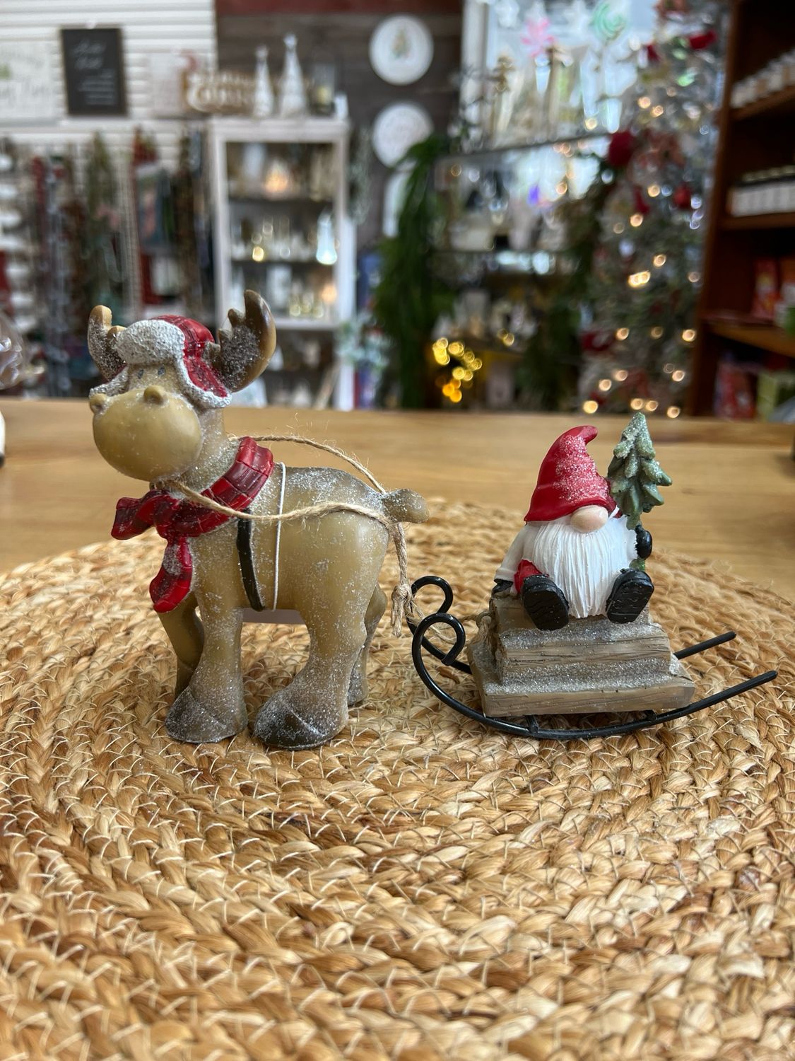 Moose Pulling Gnome on Sled Decor Moose Pulling Gnome on Sled Decor