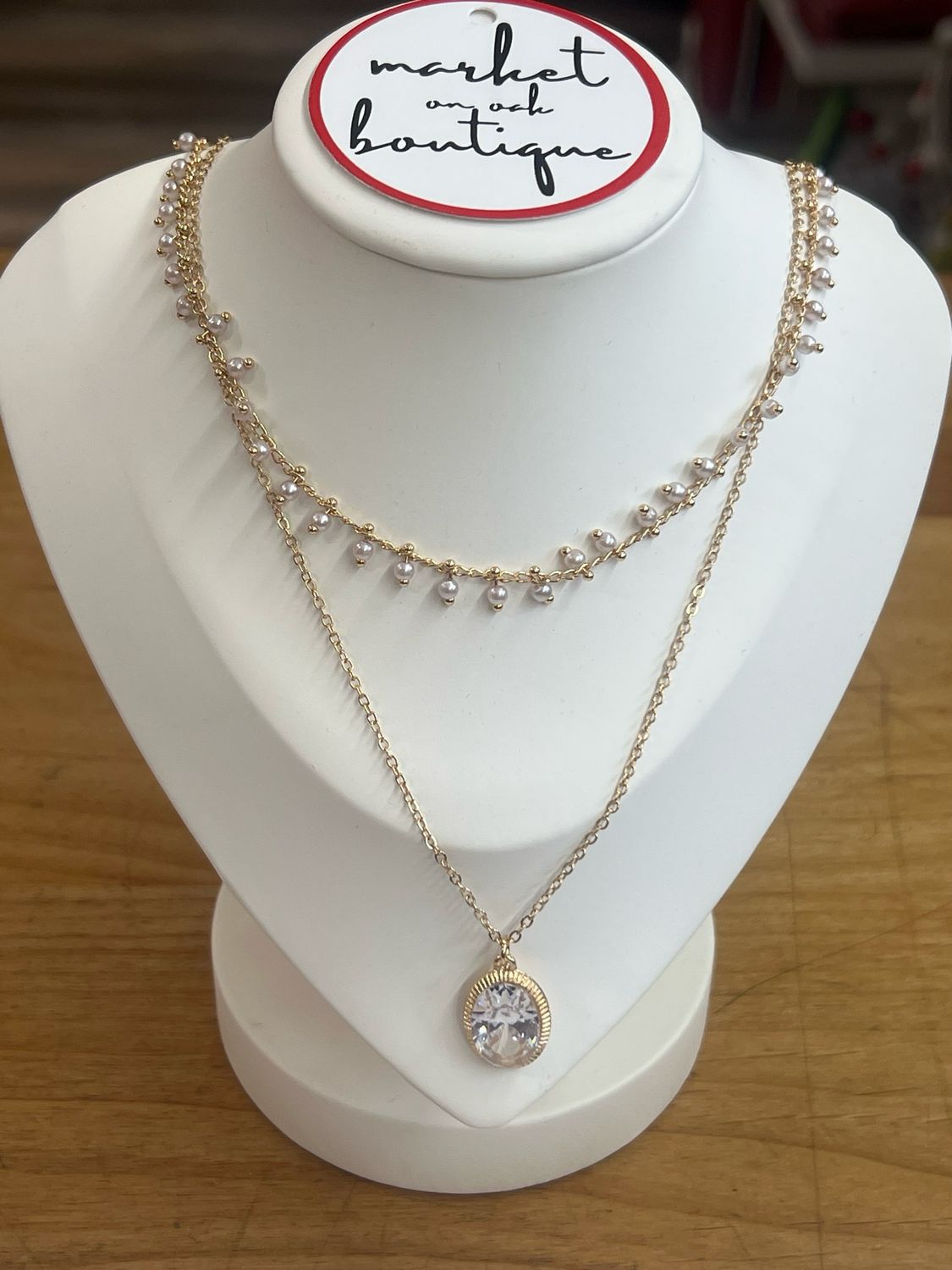 Layered Pearls &amp; Chain Necklace - Gold Tone