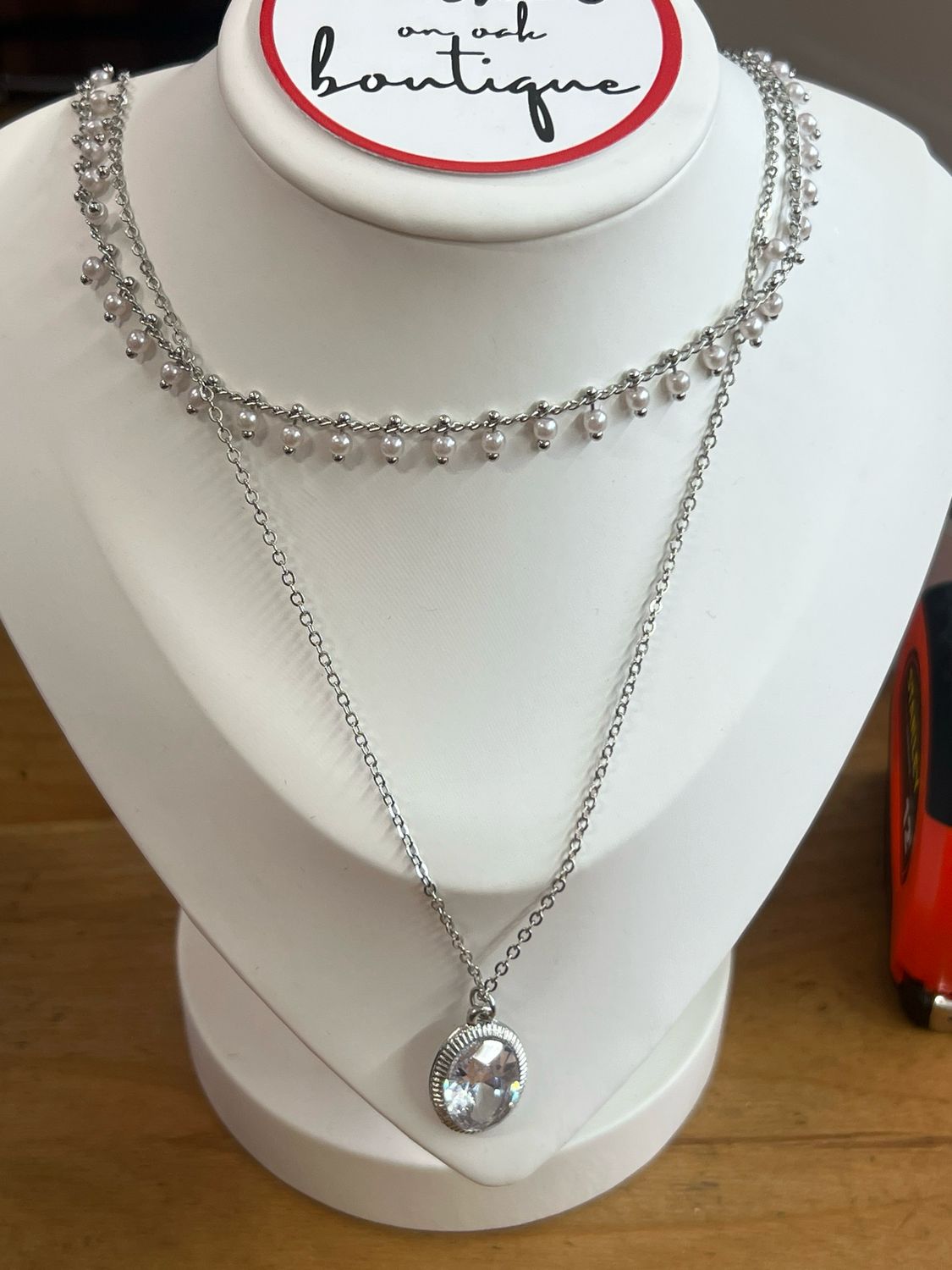 Layered Pearls &amp; Chain Necklace - Silver Tone