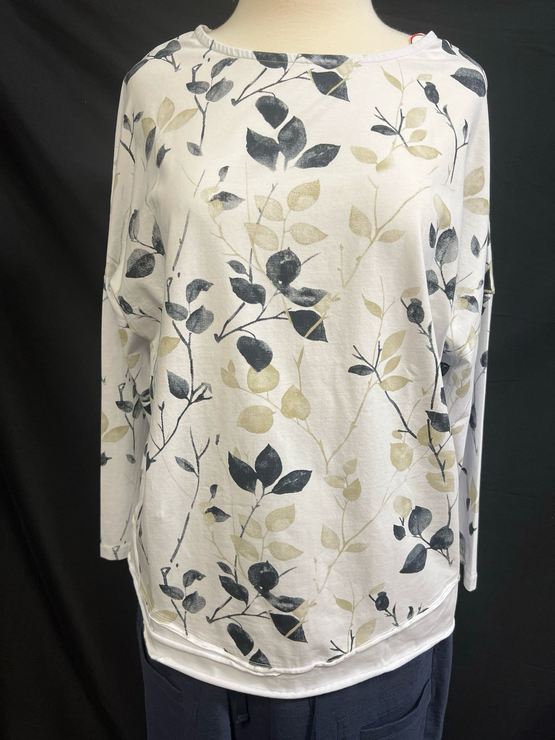 Tan &amp; Denim Leaves Print Top