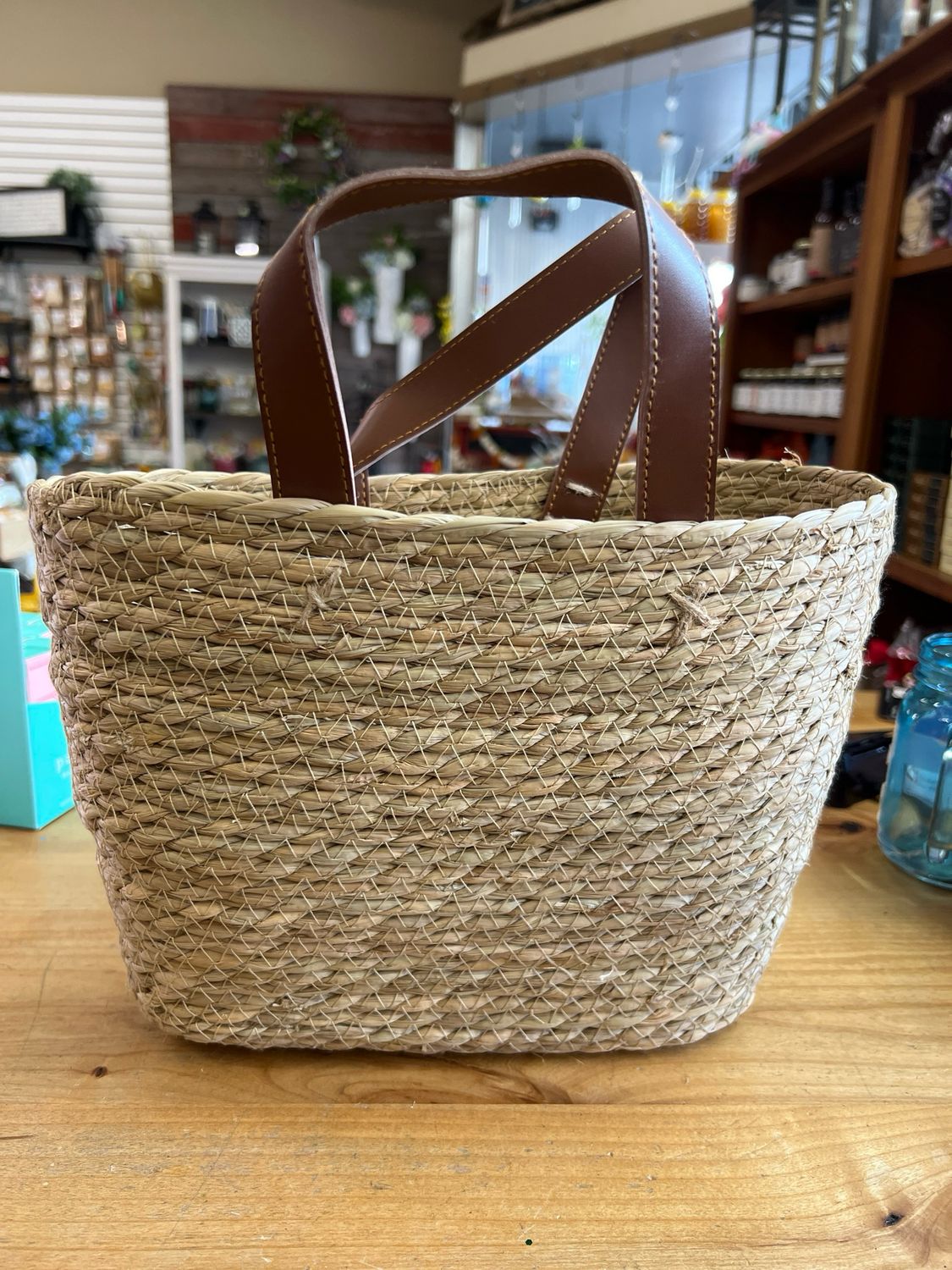 Woven Seagrass Tote w/Leather Handles