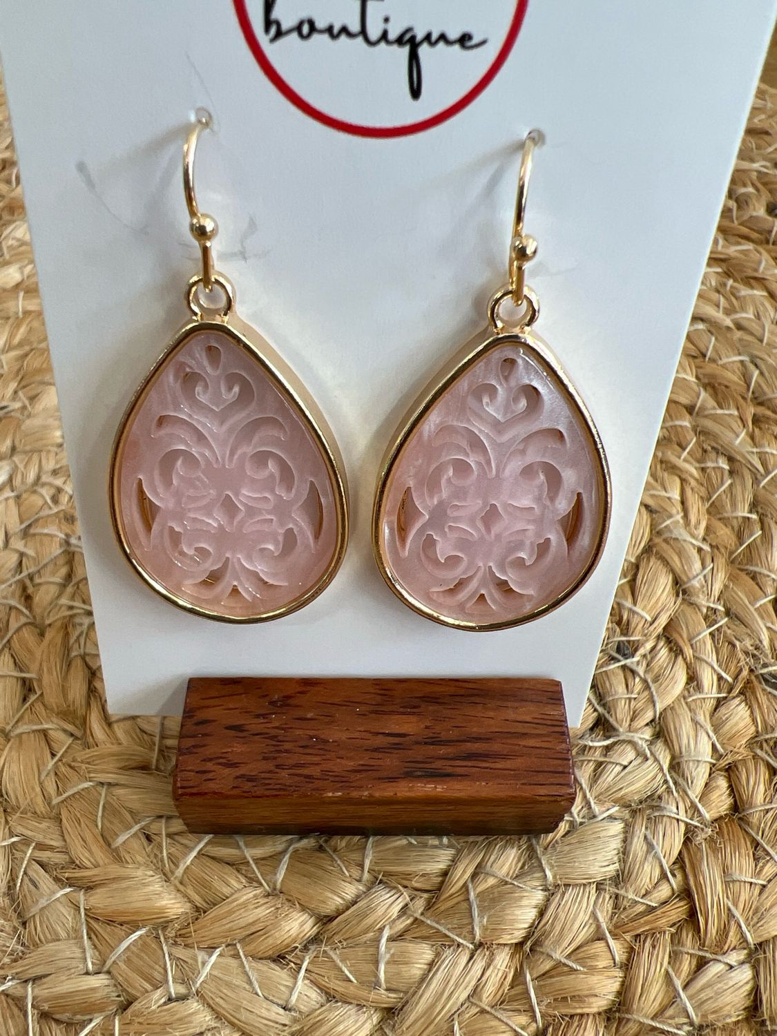 Carved Pink Teardrop Earrings