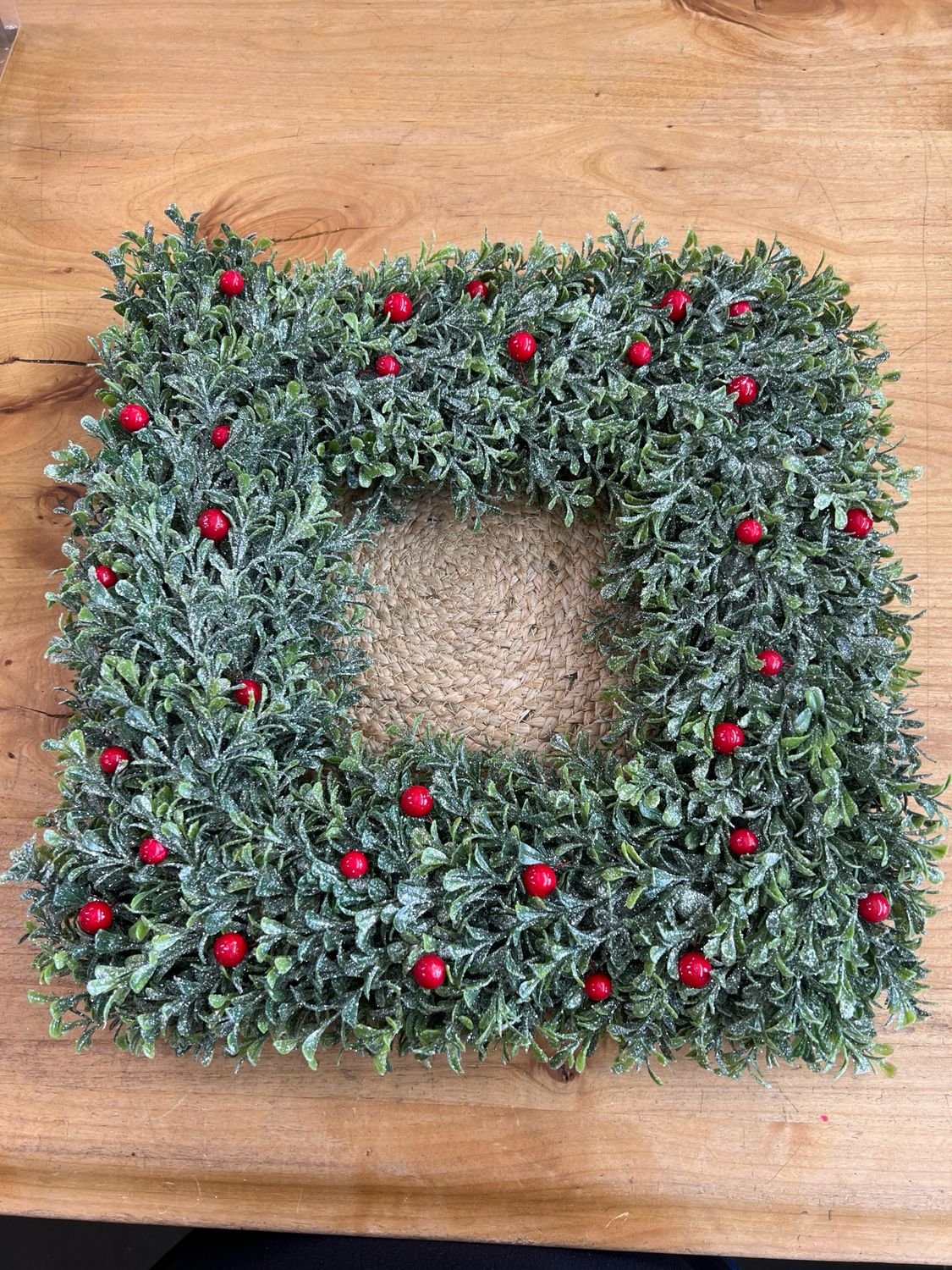 24" Iced Cedar Square Wreath