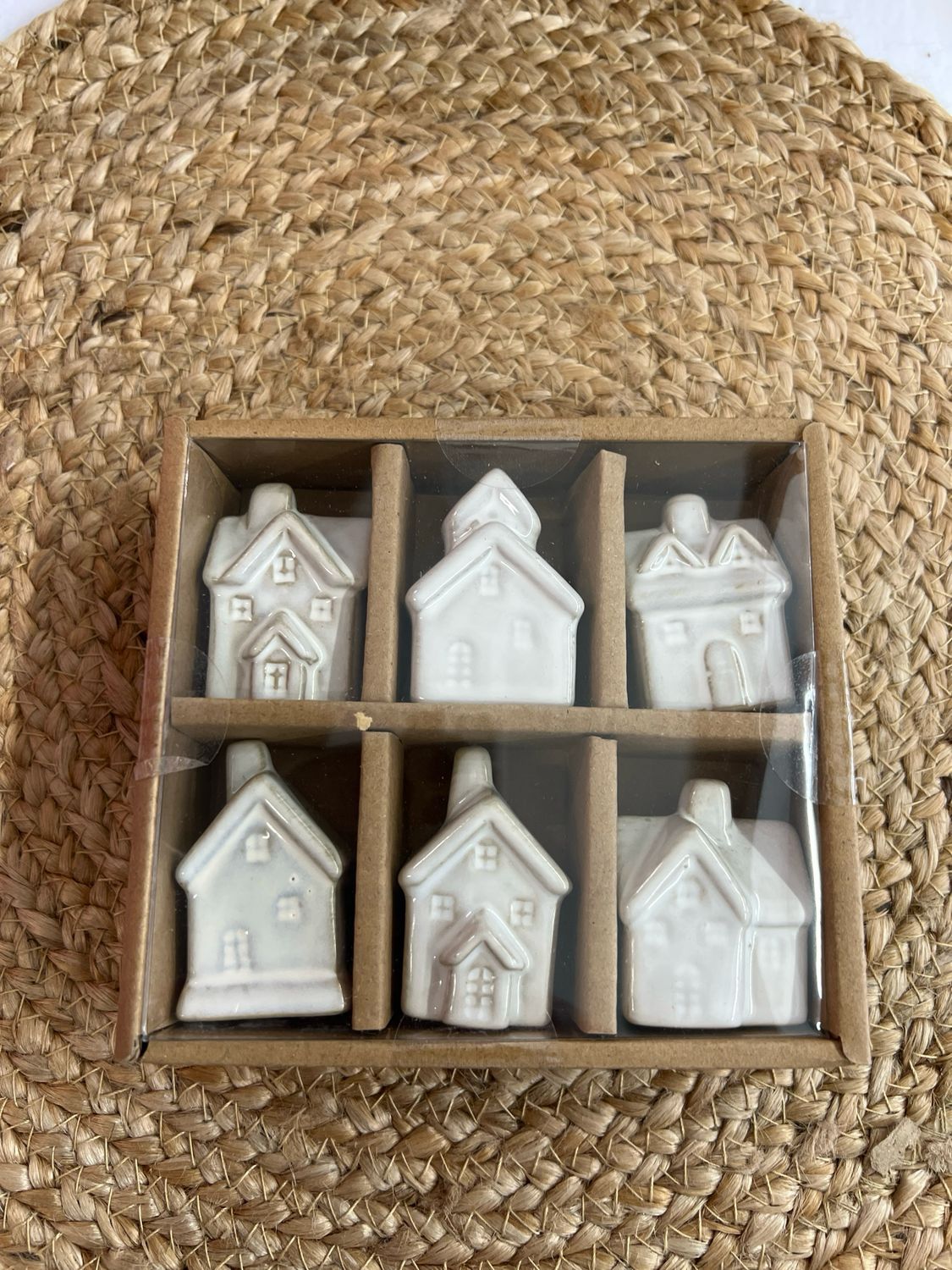 Set of 6 Stoneware House Shaped Ornaments