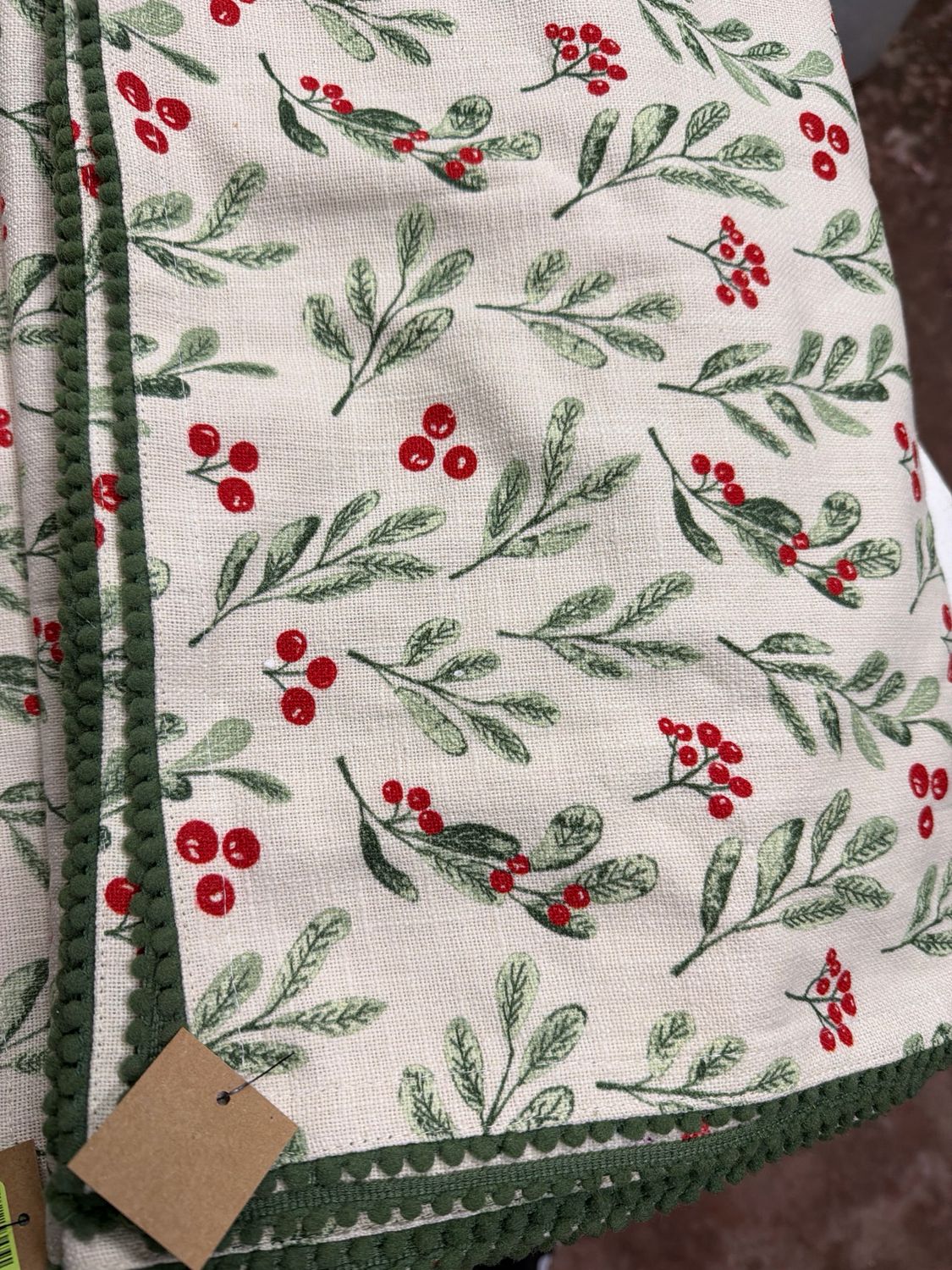 84"L x 60"W Cotton Table Cloth w/Mistletoe Pattern &amp; Pom Trim