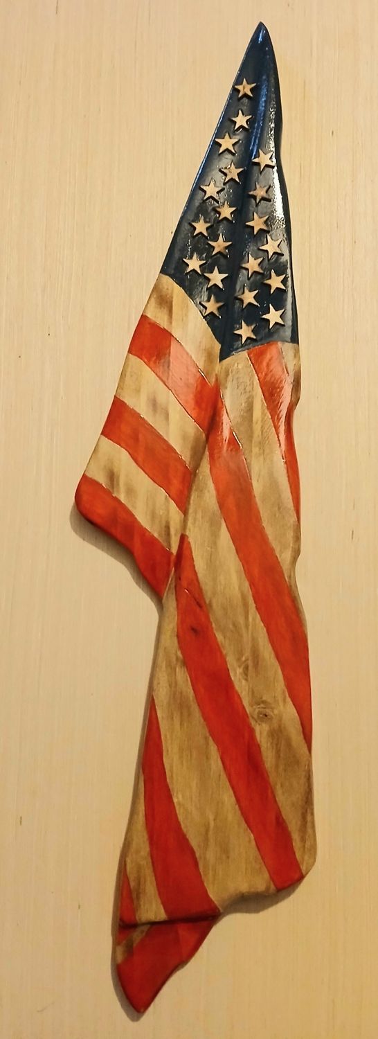 HANDCARVED DRAPED RED &amp; WOOD ANTIQUED AMERICAN FLAG 