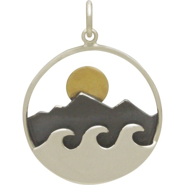 SSN3192 Sterling Silver Large Mountain / Ocean / Bronze Sun Necklace