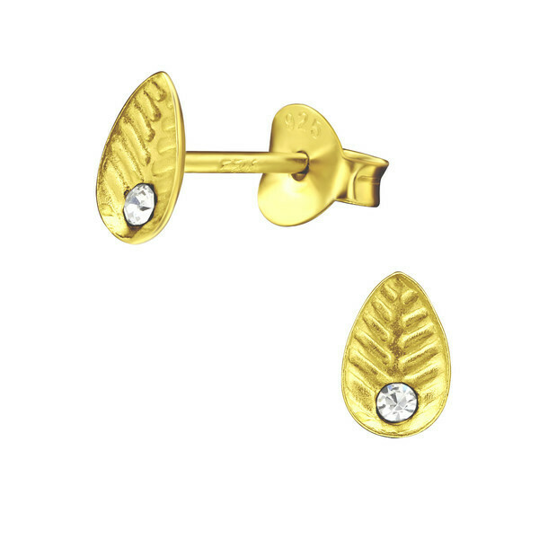 P40-64 Leaf + Tiny Crystal Posts - Gold Plated Sterling Silver