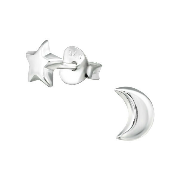 P29-4 Sterling Silver Moon + Star Mismatched Posts 