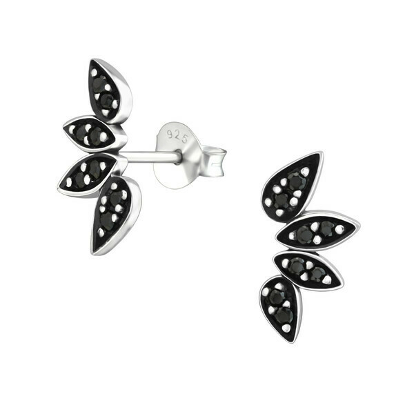 P35-46 Sterling Silver Antiqued Leaf Fan Posts - Jet