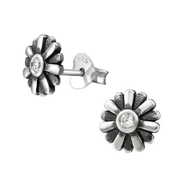 P36-42 Sterling Silver Antiqued CZ Flower Posts