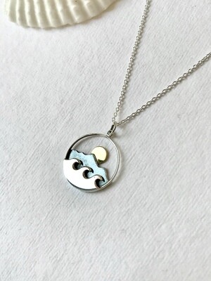 SSN3192 Sterling Silver Large Mountain / Ocean / Bronze Sun Necklace