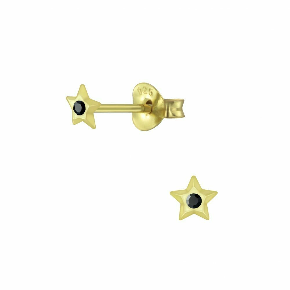 Tiny Star Jet Crystal Center Posts - Gold Plated Sterling Silver - P63-14