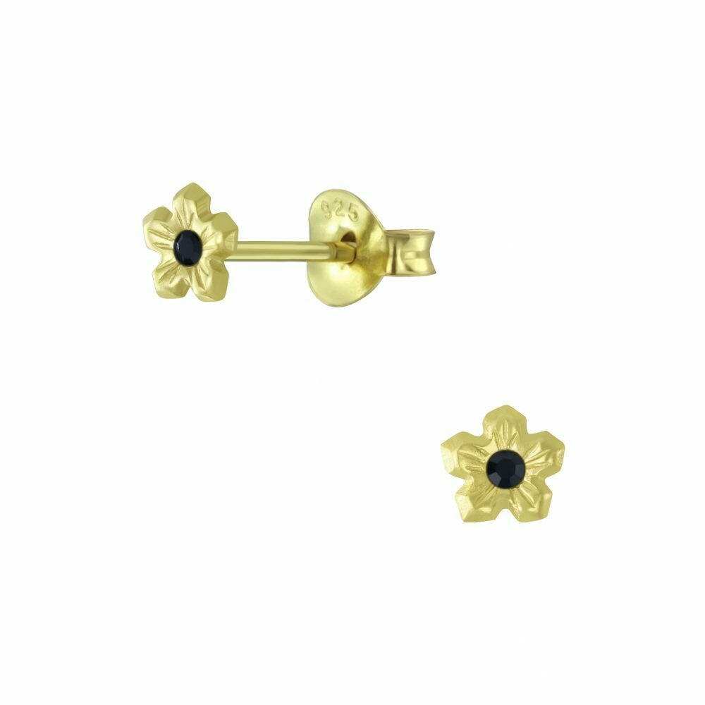 Tiny Flower Jet Crystal Center Posts - Gold Plated Sterling Silver - P63-16