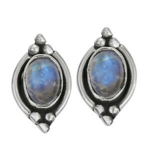 Sterling Silver Dotted Oval Rainbow Moonstone Posts - ETM4309